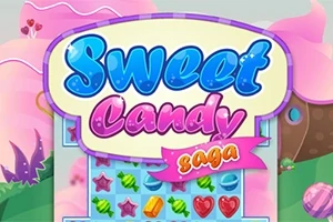 Farebný nápis Sweet Candy Saga s hracou mriežkou s cukríkmi na pastelovom pozadí