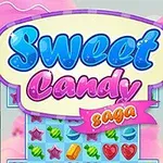 Farebný nápis Sweet Candy Saga s hracou mriežkou s cukríkmi na pastelovom pozadí