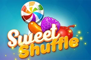Farebné lízatko, želatínový cukrík, malinový cukrík a čerešňa s nápisom Sweet Shuffle na modrom pozadí