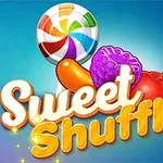Farebné lízatko, želatínový cukrík, malinový cukrík a čerešňa s nápisom Sweet Shuffle na modrom pozadí