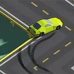 Žlté auto šmykuje na ceste so striktnými zákrutami a zanecháva stopy na asfalte