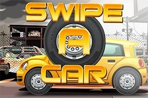 Žlté auto zaparkované pred plotom s nápisom vytvoreným z pneumatiky a veľkých zlatých písmen