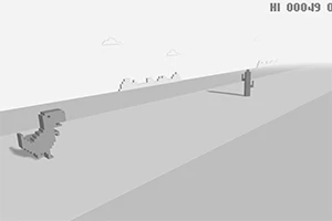Pixelový dinosaurus bežiaci cez púšť s kaktusom a oblakmi v pozadí