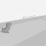 Pixelový dinosaurus bežiaci cez púšť s kaktusom a oblakmi v pozadí