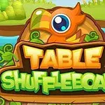 Farebná ilustrácia s nápismi TABLE a SHUFFLEBOARD obklopená prírodnými prvkami a zvieracou hlavou