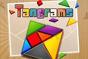 Farebné geometrické tvary usporiadané do mozaiky s nadpisom Tangrams na drevenom pozadí