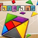 Farebné geometrické tvary usporiadané do mozaiky s nadpisom Tangrams na drevenom pozadí