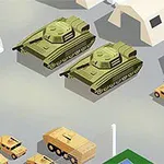 Dva zelené tanky a niekoľko vojenských vozidiel v tábore s bielymi stanmi