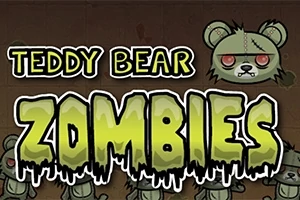 Nápis Teddy Bear Zombies s hororovým motívom a zobrazenie zombíkových plyšových medvedíkov s červenými očami