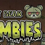 Nápis Teddy Bear Zombies s hororovým motívom a zobrazenie zombíkových plyšových medvedíkov s červenými očami