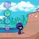 Postava na skateboarde v fialovej prilbe na rampovom ihrisku s pohľadom na mesto v pozadí