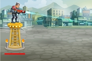 Postava s futuristickou zbraňou stojí na veži v mestskom prostredí