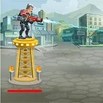 Postava s futuristickou zbraňou stojí na veži v mestskom prostredí