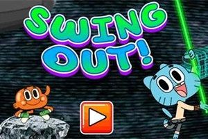 Dve kreslené postavičky, jedna oranžová a jedna modrá, s nápisom SWING OUT!