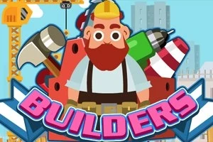 Ilustrácia muža v stavebnej prilbe obklopeného nástrojmi s nápisom „BUILDERS“ v popredí