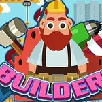 Ilustrácia muža v stavebnej prilbe obklopeného nástrojmi s nápisom „BUILDERS“ v popredí
