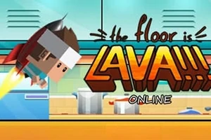 Postavička s raketovým batohom letí nad kuchynskou linkou s veľkým nápisom The floor is LAVA!