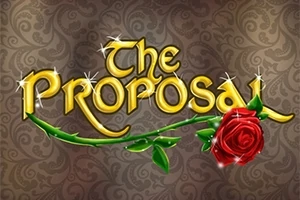 Nápis The Proposal v zlatom písme so zlatými iskrami a červenou ružou na ozdobnom pozadí