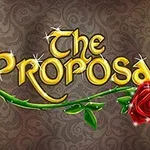 Nápis The Proposal v zlatom písme so zlatými iskrami a červenou ružou na ozdobnom pozadí