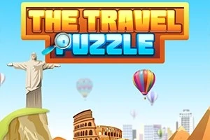 Socha Krista Spasiteľa, Koloseum a teplovzdušné balóny na modrej oblohe s nápisom The Travel Puzzle
