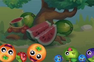 Farebná ilustrácia s usmievavými ovocnými a zeleninovými postavičkami pred stromom a nakrájaným melónom