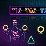 Neónové geometrické tvary vrátane krížikov, kruhov, trojuholníkov a šesťuholníkov na tmavom pozadí