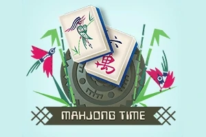 Dve mahjongové dlaždice na ozdobnom pozadí s bambusmi a kvetmi, s nápisom Mahjong Time