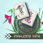 Dve mahjongové dlaždice na ozdobnom pozadí s bambusmi a kvetmi, s nápisom Mahjong Time