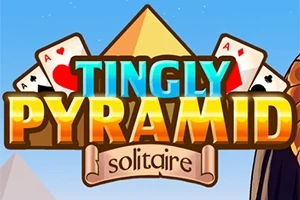 Logo so zlatistým písmom „Tingly Pyramid Solitaire“ na pozadí s pyramídou a kartami eso