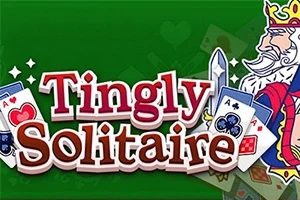 Ilustrácia s textom Tingly Solitaire na zelenom pozadí s kartami a kresbou kráľa