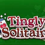 Ilustrácia s textom Tingly Solitaire na zelenom pozadí s kartami a kresbou kráľa