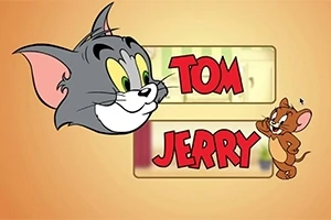 Kreslená mačacia hlava s nápisom Tom a malá myš vedľa nápisu Jerry na oranžovom pozadí