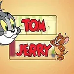 Kreslená mačacia hlava s nápisom Tom a malá myš vedľa nápisu Jerry na oranžovom pozadí