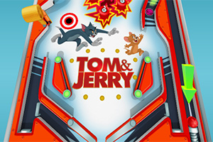 Tom a myš sa naháňajú na farebnom pinball polygóne so šípmi a terčom v pozadí