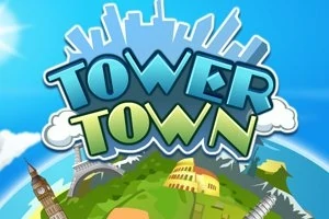 Nadpis Tower Town so siluetou mesta v pozadí a ikonickými pamiatkami ako Big Ben a Koloseum na zelenom kopci