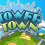 Nadpis Tower Town so siluetou mesta v pozadí a ikonickými pamiatkami ako Big Ben a Koloseum na zelenom kopci