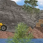 Žltý traktor prechádza cez strmý kopec nad vodou s horami v pozadí