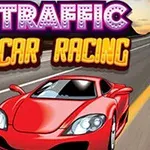Červené športové auto na ceste s nápisom Traffic Car Racing v pozadí