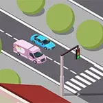 Ružová dodávka a modré auto na ceste s bielymi pruhmi, obklopené zelenými stromami a prechodom pre chodcov s semaforom