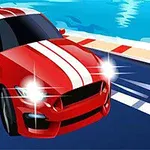 Červené športové auto so svetlami zapnutými na ceste pri vode