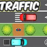 Dve autá jazdia na viacprúdovej ceste s chodníkom medzi nimi, doplnené nápisom TRAFFIC v hornej časti