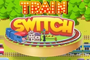 Ilustrácia kruhového železničného modelu s vlakom, stanicou a semaforom na pozadí lesa s nápisom Train Switch