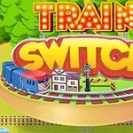 Ilustrácia kruhového železničného modelu s vlakom, stanicou a semaforom na pozadí lesa s nápisom Train Switch
