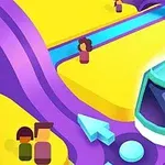 V žiarivo farebnej ilustrácii sa nachádza električka so sklenenými oknami na žltej trati, obklopená fialovými pruhmi a dvoma postavičkami