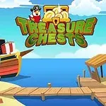 Na obrázku je pirátska loď, malý prístav na pláži a palmy, s truhlami s pokladmi a nápisom Treasure Chests v hornej časti