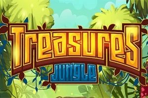 Farebný nápis Treasures Jungle obklopený bujnou džungľou a listami