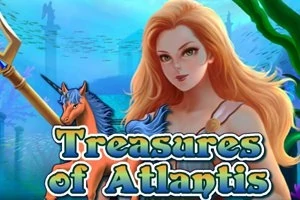 Ryšavá žena s trojzubcom stojí vedľa modrého jednorožca pod vodou s nápisom Treasures of Atlantis