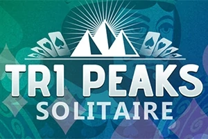 Tri Peaks Solitaire text s obrázkom troch bielych hôr obklopených kartami s pikovými symbolmi na zeleno-modrom pozadí