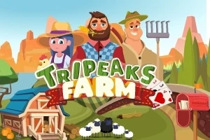 Traja usmiati farmári stoja pred farmou s nápisom Tripeaks Farm a symbolom červeného srdcového esa