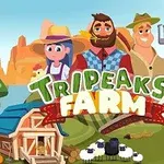 Traja usmiati farmári stoja pred farmou s nápisom Tripeaks Farm a symbolom červeného srdcového esa